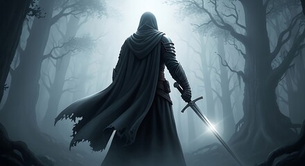 Dark Knight in Misty Forest: Epic Fantasy Stock Photo - Mysterious hooded warrior with sword, back view, dramatic atmosphere, perfect for game design, book covers, fantasy art.