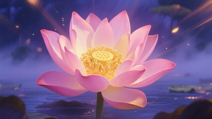 A vibrant pink lotus flower in full bloom, set against a serene purple pond backdrop.