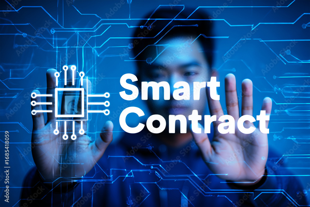 Poster man interacting with smart contract technology digital