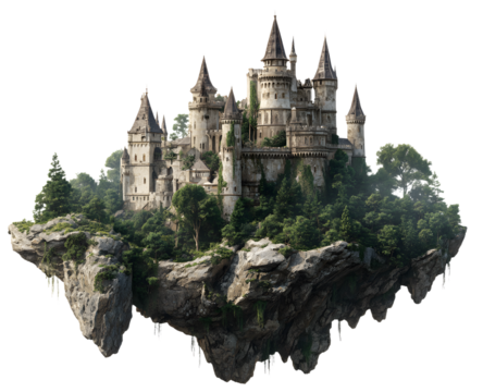 Majestic castle on rocky terrain fantasy realm isolaed on transparent backgroud