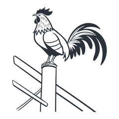 Fototapeta premium Rooster Perched on Fence Post Vector Art
