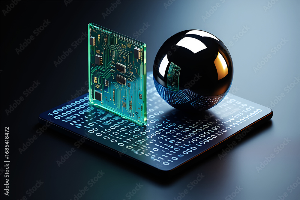 Poster shiny sphere circuit board binary code image