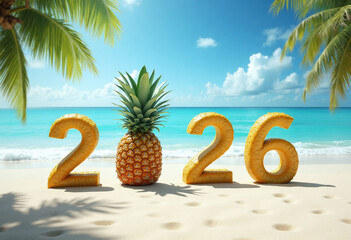 2026 numbers against tropical beach with palm trees, pineapple instead of zero, festive holiday concept of travel brands and christmas promotions. 