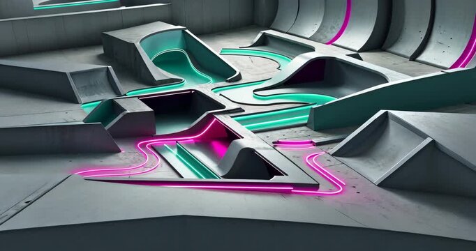 Panning camera revealing neon-lit concrete ramps in warehouse skatepark, showcasing industrial vibe