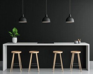 Floating kitchen island with open base and minimalistic pendant lighting