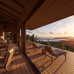 Fototapeta premium Luxury villa wooden deck overlooking ocean sunset tropical paradise serene escape high quality professional