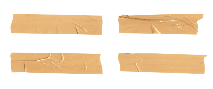 Adhesive Tape Set Collection of 4 Scratched and Crumpled Strips, Realistic Masking and Duct Tape Pieces Isolated on Transparent PNG Background