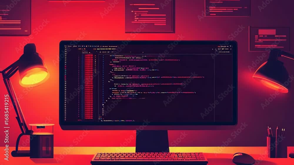 Poster programmer working late at night on computer code in red lit office