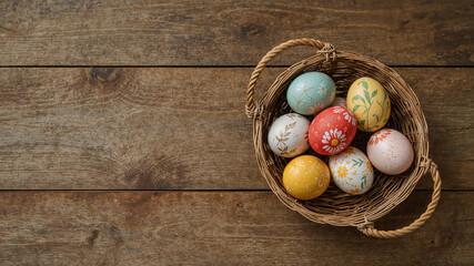 Colorful easter eggs resting in a basket on rustic wooden table