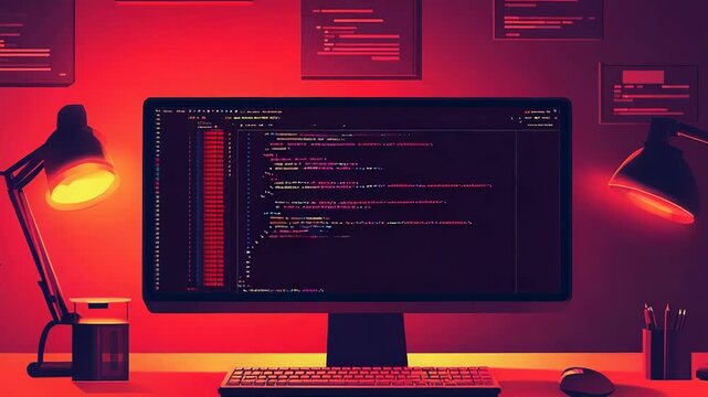 Programmer working late at night on computer code in red lit office