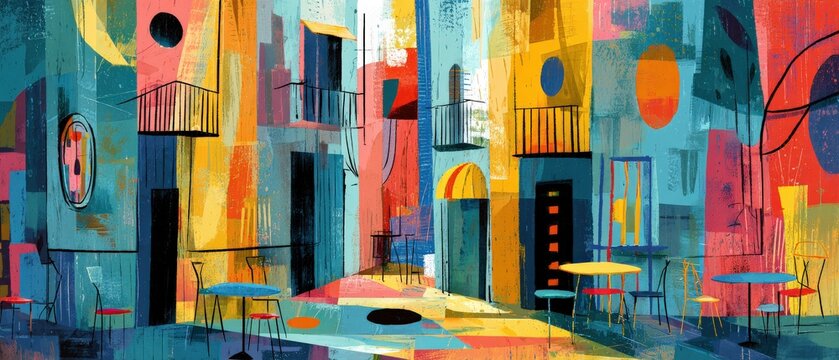 Fototapeta Vibrant abstract painting of a colorful European street cafe scene with tables and chairs, capturing the essence of travel and artistic expression