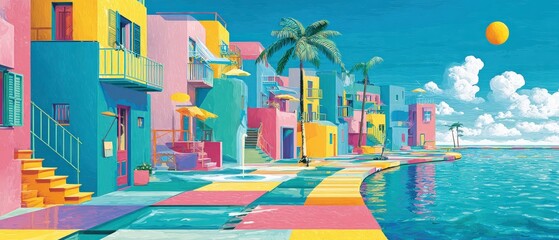 Fototapeta premium Vibrant coastal town with colorful buildings and palm trees under a sunny sky Concept of summer vacation, travel destination, and Mediterranean architecture