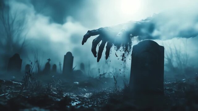 Creepy graveyard at night with a zombie hand rising from a grave