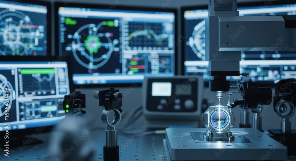 Poster highresolution image of precision instruments and monitoring screens used to verify extremeultraviol