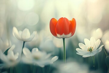 Orange tulip amidst white flowers, soft focus