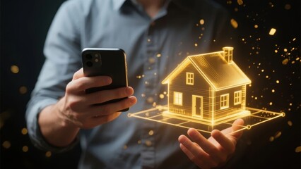 Person holding smartphone with holographic house projection, symbolizing digital real estate or smart home technology.