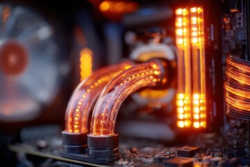 Close up of a gaming PC with water cooling and orange LED lights. Use for tech reviews, gaming blogs, or modern PC hardware designs.