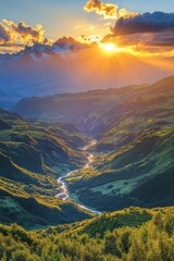 Mountain valley at sunset