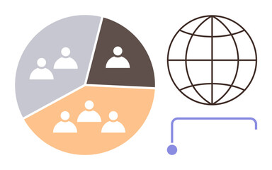 Pie chart divided into three segments with user icons, connected to a globe outline. Ideal for data distribution, global collaboration, networking, market segmentation, teamwork, communication