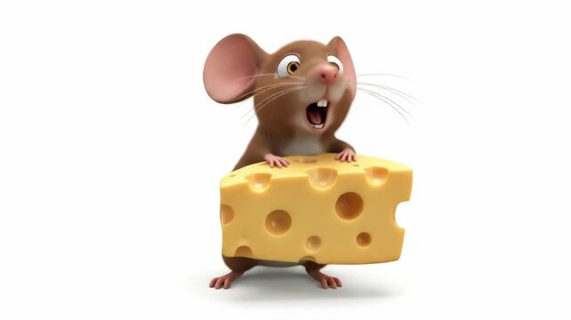 A cartoon mouse, brown with wide eyes and open mouth, looks surprised while holding a large wedge of yellow cheese full of holes