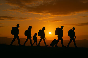 Silhouette of Migrants Walking at Sunset