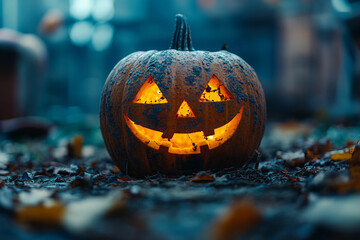 Generative AI photo of funny halloween pumpkins outdoors horror autumn night decor