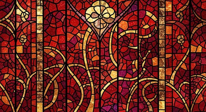 Vibrant Red and Gold Stained Glass Pattern with Ornate Floral Motifs and Intricate Abstract Designs