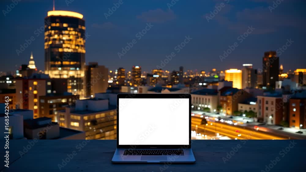 Poster digital canvas: a laptop computer displaying a blank screen, perched atop a rooftop overlooking a sp