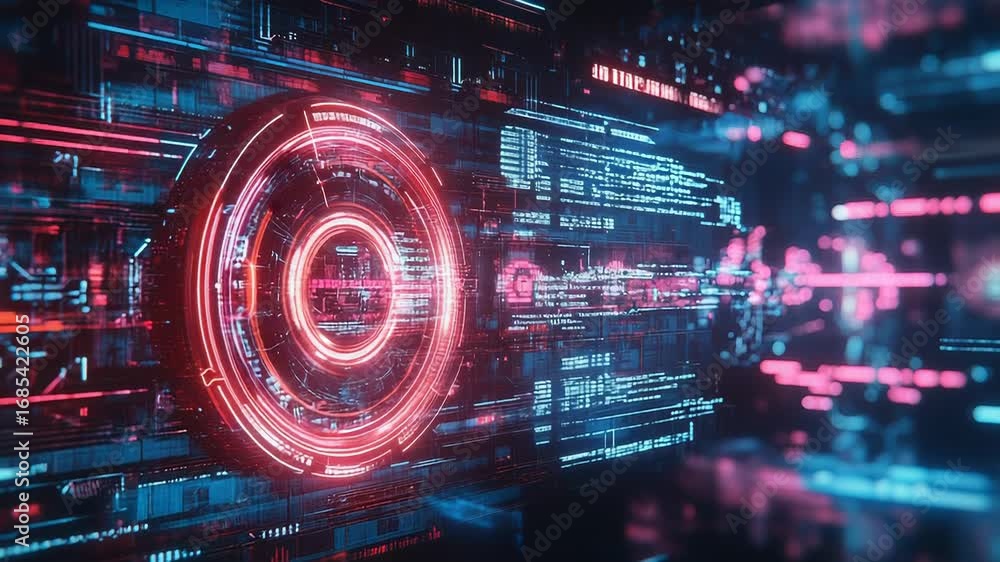 Poster futuristic hud display showing programming code and data analysis