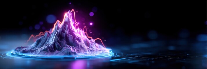 A vibrant digital mountain peak radiating neon colors against a dark background, symbolizing data visualization or technological landscapes.