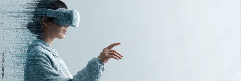 Poster woman wearing vr headset interacting with digital interface, her body dissolving into pixels, symbol