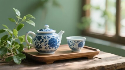 Blue and White Ceramic Teapot and Cup on a Wooden Tray with Greenery