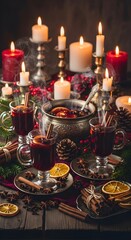 Fototapeta premium Steaming mulled wine in glass mugs with cinnamon sticks oranges berries pine cones and lit candles