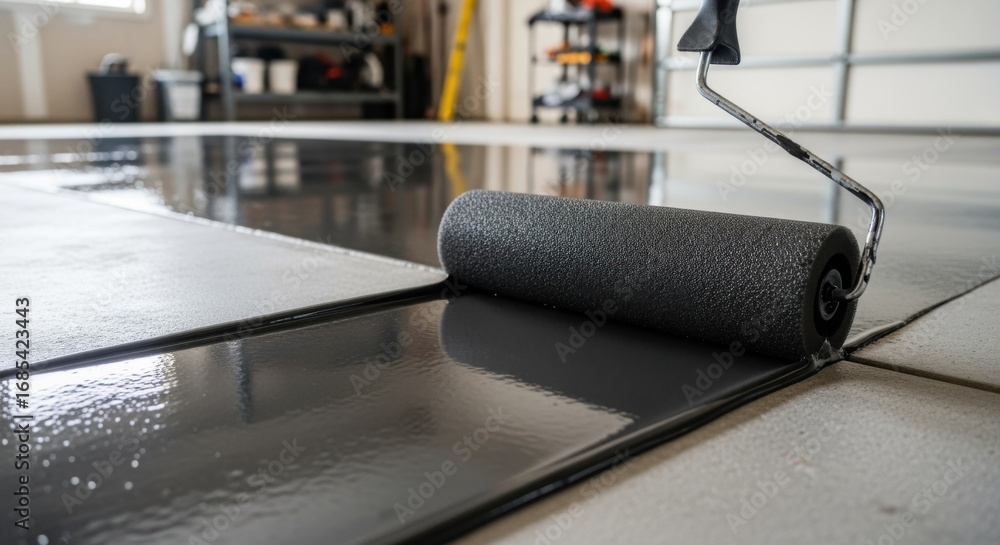 Poster pan shot capturing the entire garage floor being coated by a foam roller with epoxy highlighting eff
