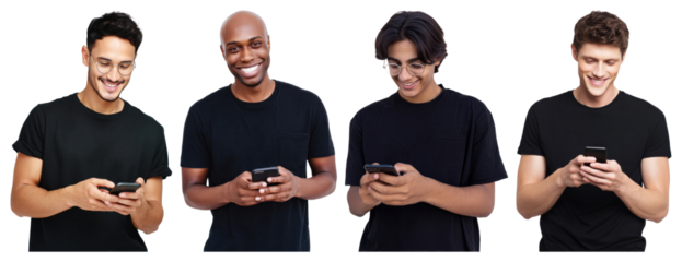 PNG Diverse men using smartphones happily, element set on transparent background