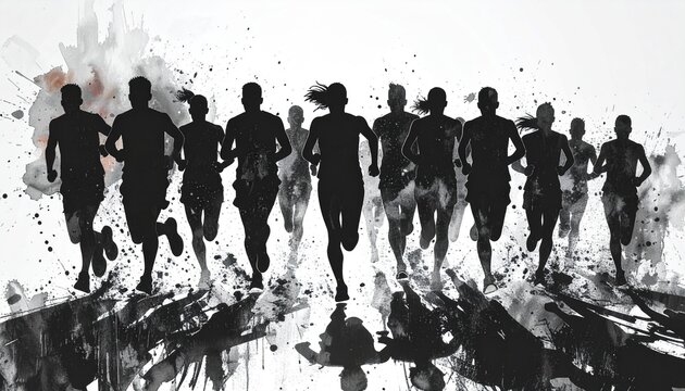 Silhouette of a group of runners in motion against a white background with abstract black paint splatters and reflections.
