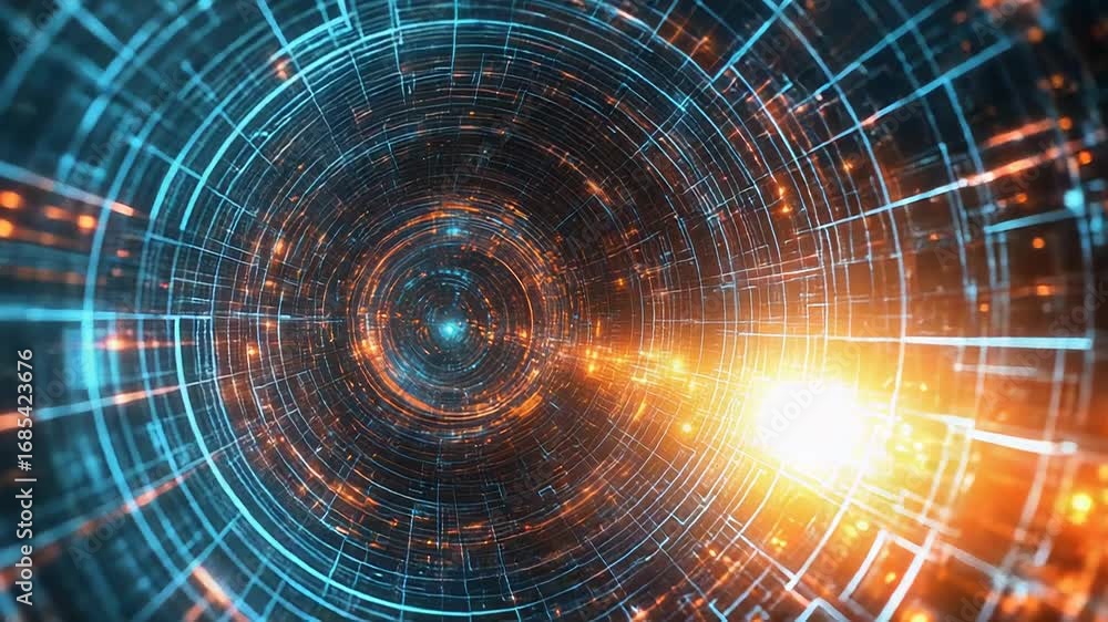 Poster digital tunnel expanding with glowing lines and particles