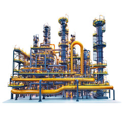 Fototapeta premium A creative representation of oil flowing through pipes into a large refinery facility, symbolizing the production process. full length isolate on transparent background