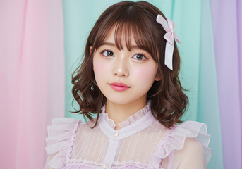 パステルカラーを背景にこちらを見つめる可愛い女性