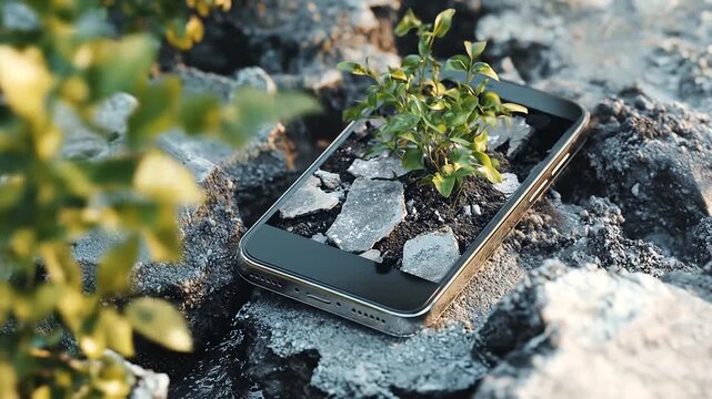 A small plant grows from the cracked screen of a mobile phone nestled in the earth.