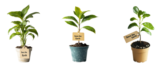 Collection of single potted plant with a tag saying "Save the Earth" placed on a simple white surface for an environmental theme. full length isolate on transparent background