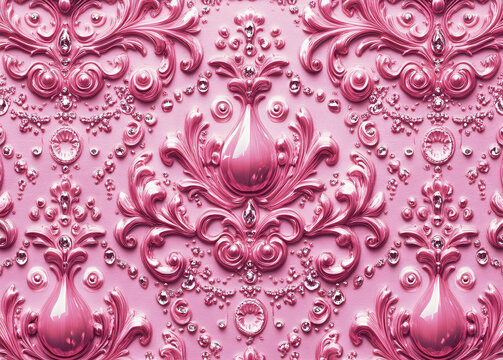Fototapeta Intricate Rococo Style Pink Ornamentation with Gemstones Texture