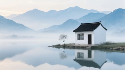 Fototapeta premium Traditional house by a serene lake with misty mountains in the background