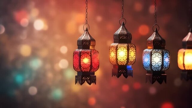 Ornate hanging lanterns illuminated with red yellow and blue light