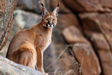 caracal cat siting on rocky