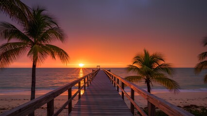 Fototapeta premium Perspective angle , A wooden pier stretches into the sea under a sunset sky.
