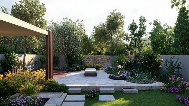 Modern garden design showcasing landscaping and patio area