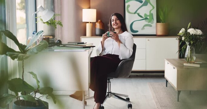 Break, relax or woman in office with drink, business or downtime for workplace wellness. Smile, work life balance or entrepreneur with coffee for productivity, rest or thinking for job satisfaction