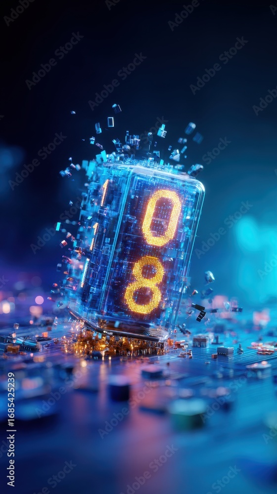 Poster a glowing digital display with the number 08, surrounded by floating debris, creating a futuristic, 