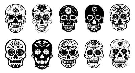 Set of sugar skulls for the day of the dead or halloeen. Vector silhouettes ofhuman skulls with patterns Templates and stencils fo the festive decor or tato . Skull head traditional exican symbo